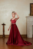 Burgundy Strapless Satin Flower Girl Gown Long Dress