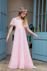 Pink Gorgeous U Neck Chiffon Flower Girl Long Dress