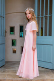 Pink Gorgeous U Neck Chiffon Flower Girl Long Dress