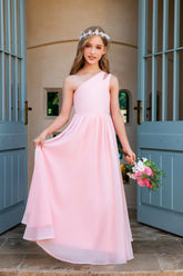 Pink One-Shoulder Chiffon Flower Girl Gown Dress
