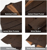 Retro Tweed Herringbone Slim Fit Notch Lapel Tuxedos Set Prom 3 Piece Men's Suit