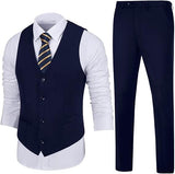 Mens Slim Fit 2 Piece Suit Set V-Neck Solid Dress Suit Vest Pants Wedding Prom Tuxedo for Men