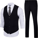 Mens Slim Fit 2 Piece Suit Set V-Neck Solid Dress Suit Vest Pants Wedding Prom Tuxedo for Men