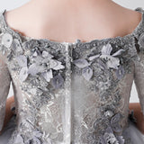 ly3170 Vestido de niña de flores de gasa con estampado bordado en gris plateado para bodas, fiestas y ocasiones especiales