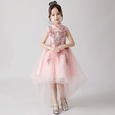 ly3175 Vestido largo de gasa con bordado y estampado rosa para niña de las flores para bodas, fiestas y ocasiones especiales