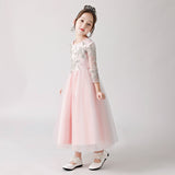 ly3180 Vestido largo de gasa rosa para niña con estampados plateados