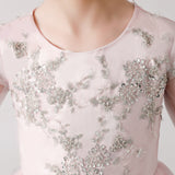 ly3180 Vestido largo de gasa rosa para niña con estampados plateados