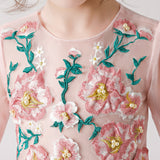 ly3181 Pink Chiffon Flower Girl Long Dress with Colorful Flower Prints