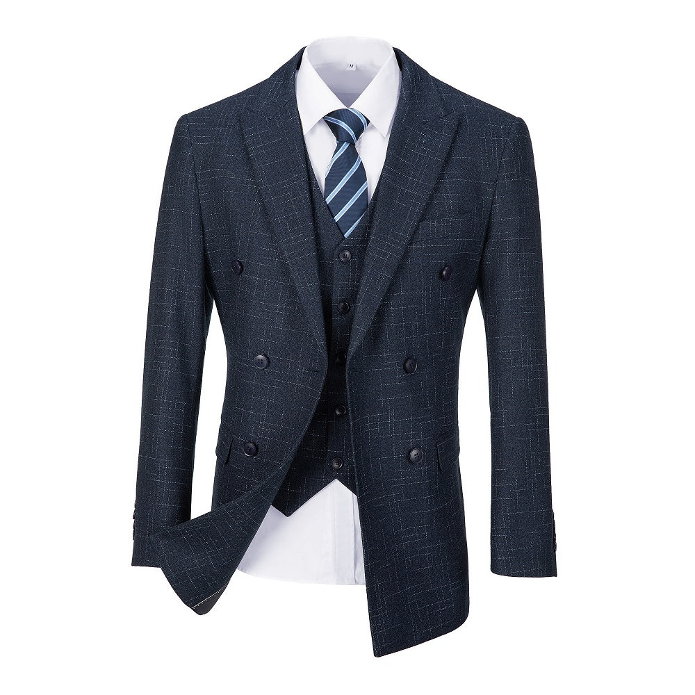 Navy Plaid Men's Double Breasted Blazer