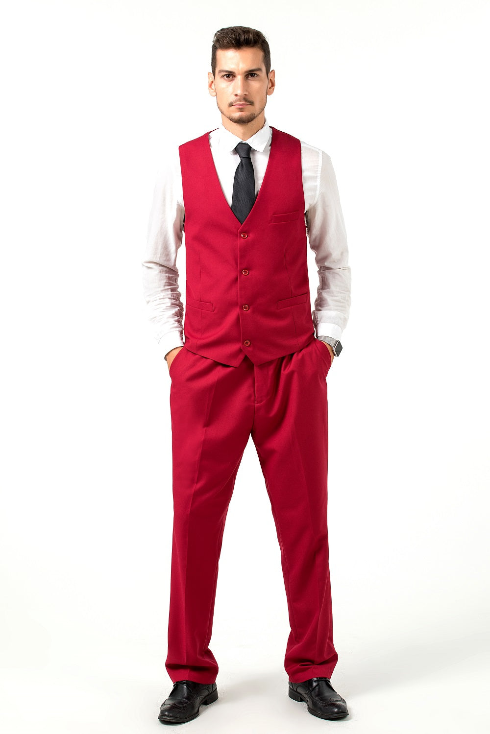 Red Men's Suits 2 Pieces Vest+Pants Set V-Neck Slim Fit Casual Waistcoat Suit