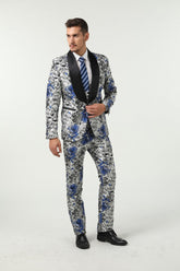 New Arrival White Unique Blue Patterned Party Banquet 3 Piece Men Suits