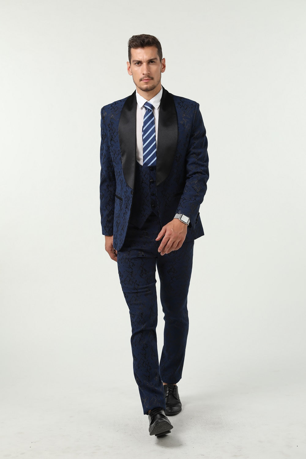 New Arrival Black Unique Navy Patterned Party Banquet 3 Piece Men Suits