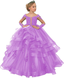 Long Sleeve Flower Girl Dresses Lace Applique Princess Ruffles Tulle Party Gown