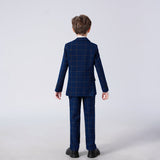 ly1585 Trajes formales elegantes de 4 piezas a cuadros azules para niños con chaqueta, pantalones, camisa y corbata