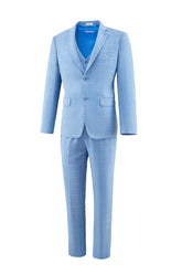 Light Blue Plaid Men's 3 Piece Slim Fit Suit Set