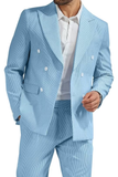 Seersucker Striped Double Breasted Blazer Pants 2 Piece Men's Summer Suit