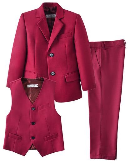 ly1756 Burgundy maroon 3 Piece Kids Boys' Blazer Vest and Pants Dress Suits Set