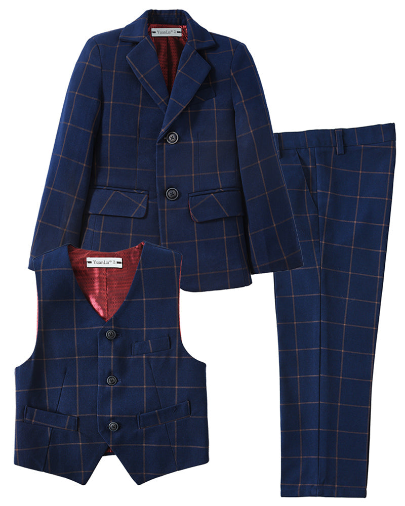 ly1759 Plaid Navy 3 Piece Kids Boys' Formal Blazer Vest and Pants Dress Suits Set