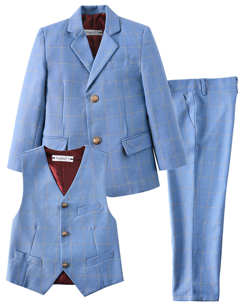 ly1753 Plaid Blue 3 Piece Kids Boys' Formal Blazer Vest and Pants Dress Suits Set