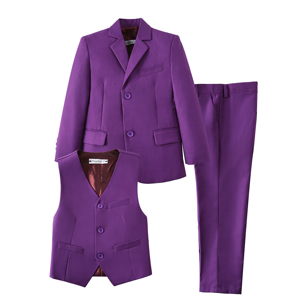 ly1425 Purple 3 Piece Kids Boys' Formal Fit Blazer Vest and Pants Dress Suits Set