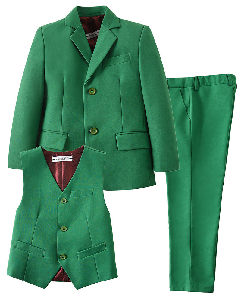 ly1754 Green 3 Piece Kids Boys' Formal Fit Blazer Vest and Pants Dress Suits Set