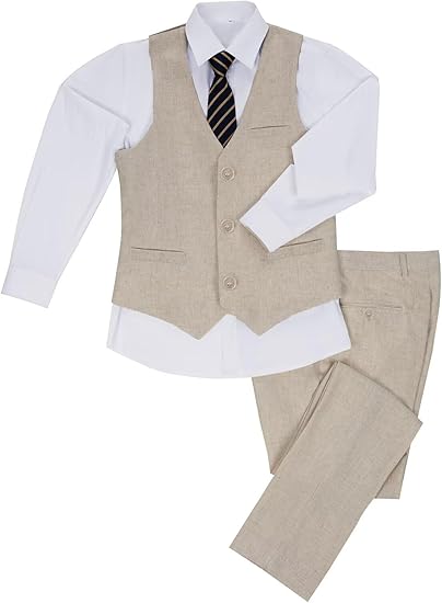 ly1786 Beige Boys Linen Suit Slim Fit 3 Piece Beach Wedding Light Weight Suit Kids Linen Suit Jacket Vest Pant Set