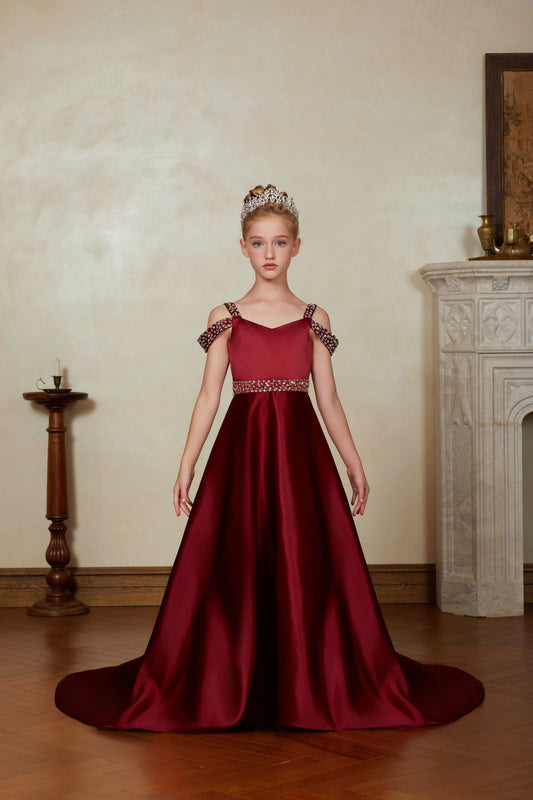 ly2080 Burgundy Strapless Satin Flower Girl Gown Long Dress For Wedding, Party, Occations