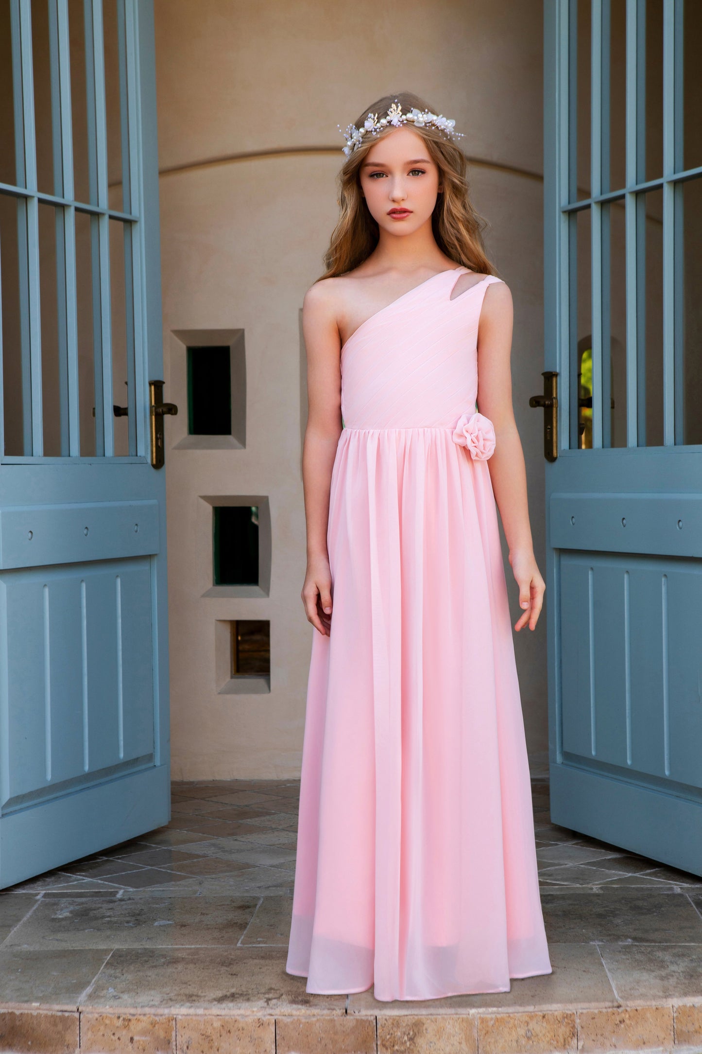 ly2993 Pink Slant Shoulder Halter Chiffon Flower Girl Gown Dress For Wedding, Party, Occations