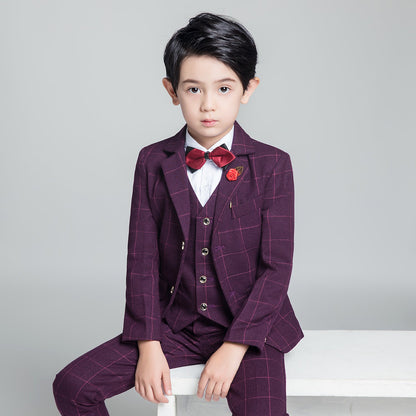 ly1230 Purple Red Plaid Fashion 5 Piece Boys Suits