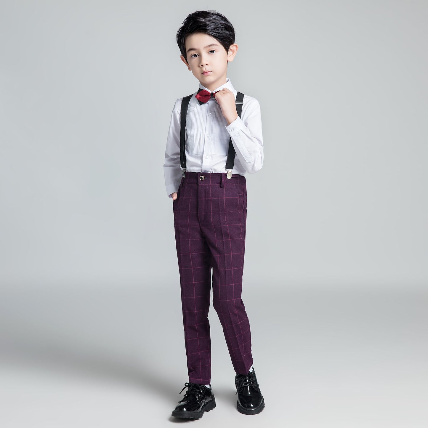 ly1230 Purple Red Plaid Fashion 5 Piece Boys Suits