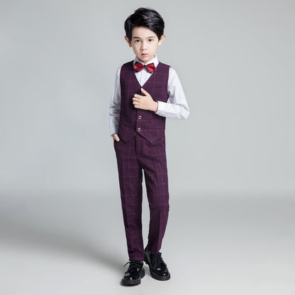 ly1230 Purple Red Plaid Fashion 5 Piece Boys Suits