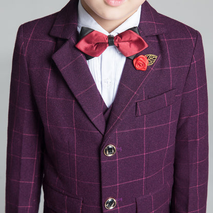 ly1230 Purple Red Plaid Fashion 5 Piece Boys Suits