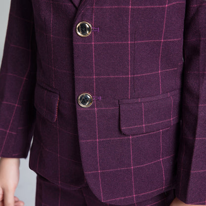 ly1230 Purple Red Plaid Fashion 5 Piece Boys Suits