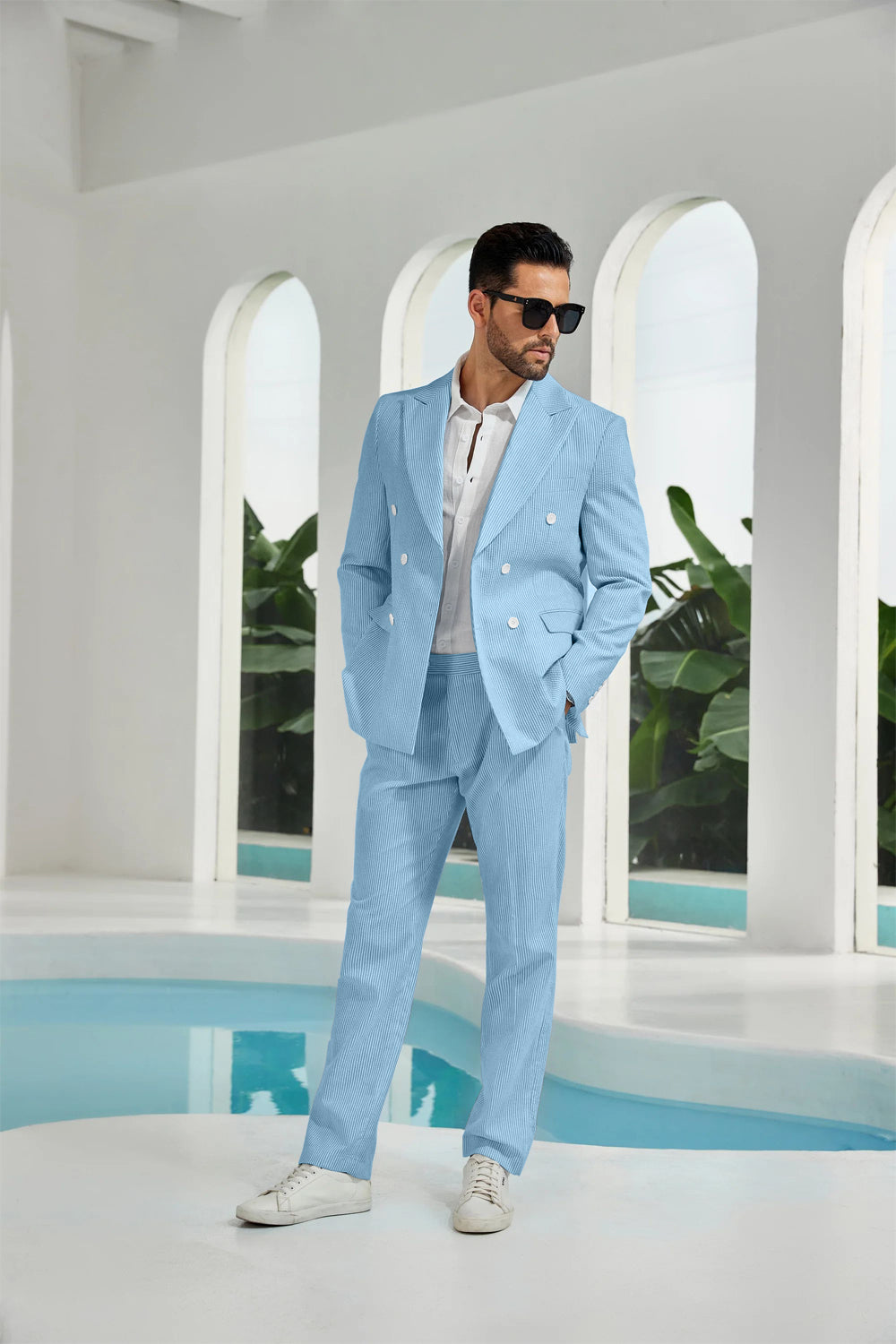 ly1113 Seersucker Double Breasted Blazer Pants 2 Piece Men's Summer Suit