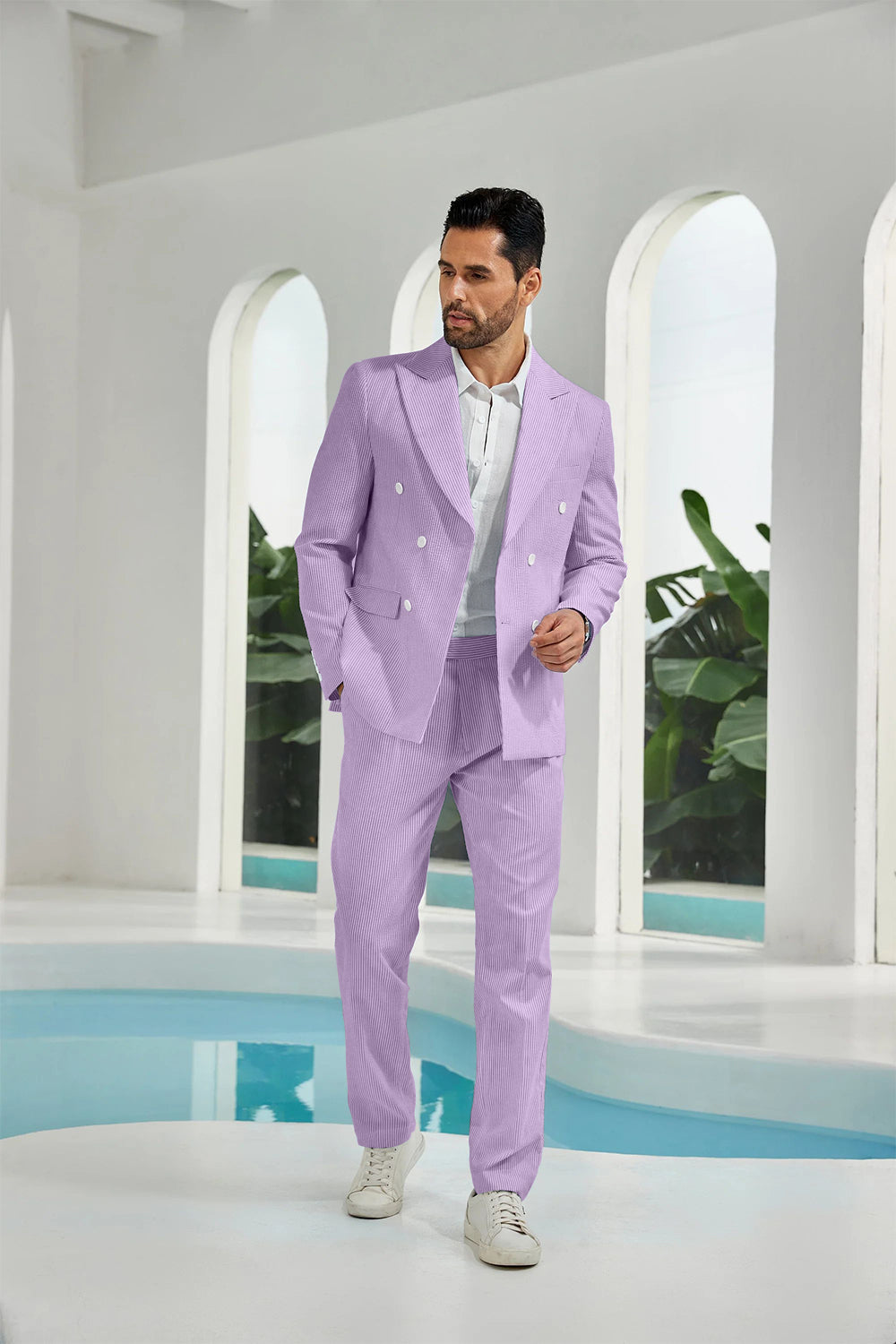 ly1113 Seersucker Double Breasted Blazer Pants 2 Piece Men's Summer Suit