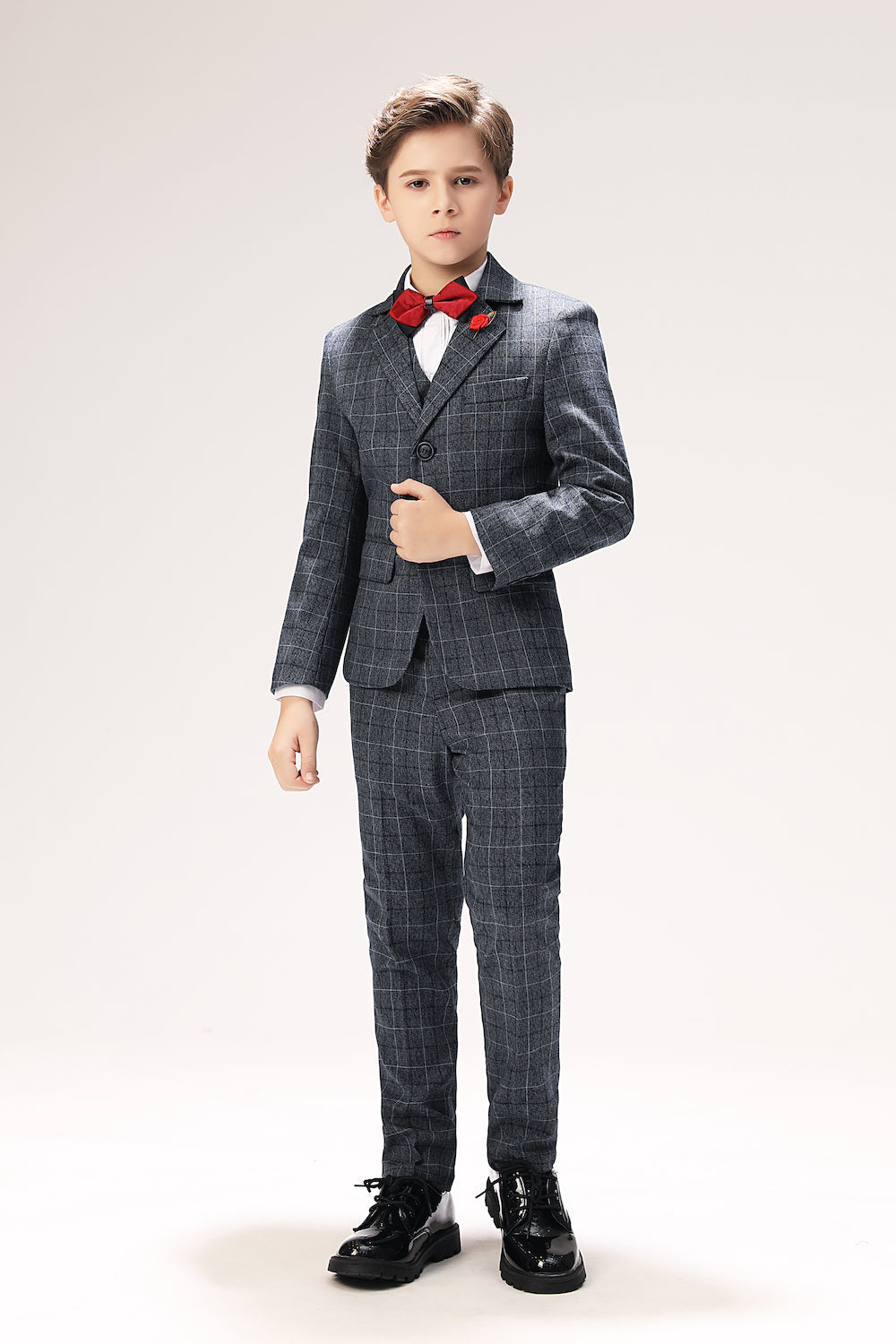 Grey Plaid Elegant 5 Piece Boys Suits