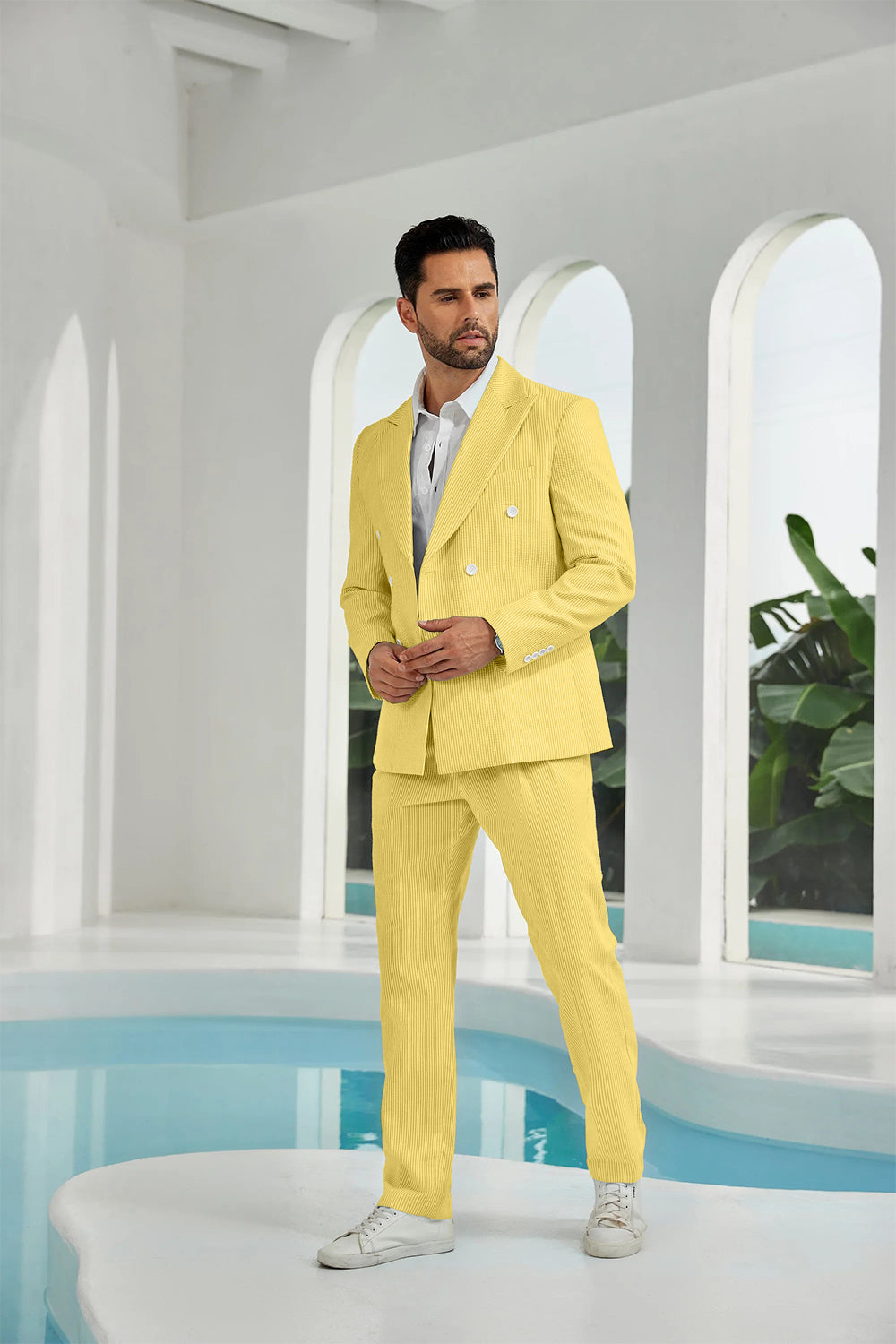 ly1113 Seersucker Double Breasted Blazer Pants 2 Piece Men's Summer Suit