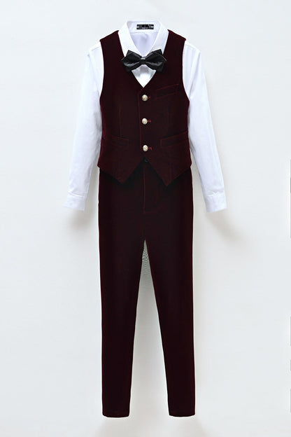 ly1419 Burgundy Velvet 2 Piece Kids Boys' Vest and Pants Dress Suits Set