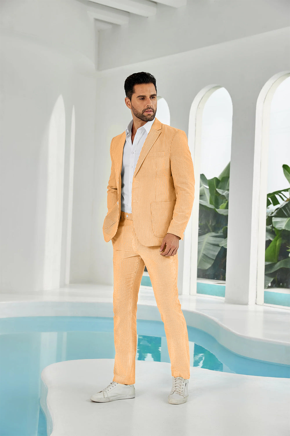 ly1114 Seersucker Striped Blazer Pants 2 Piece Men's Summer Suit