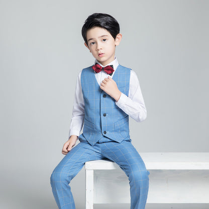 ly1242 Light Blue Plaid Formal 5 Piece Boys Suits