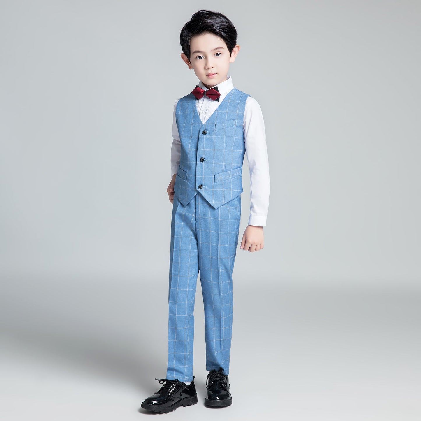 ly1242 Light Blue Plaid Formal 5 Piece Boys Suits