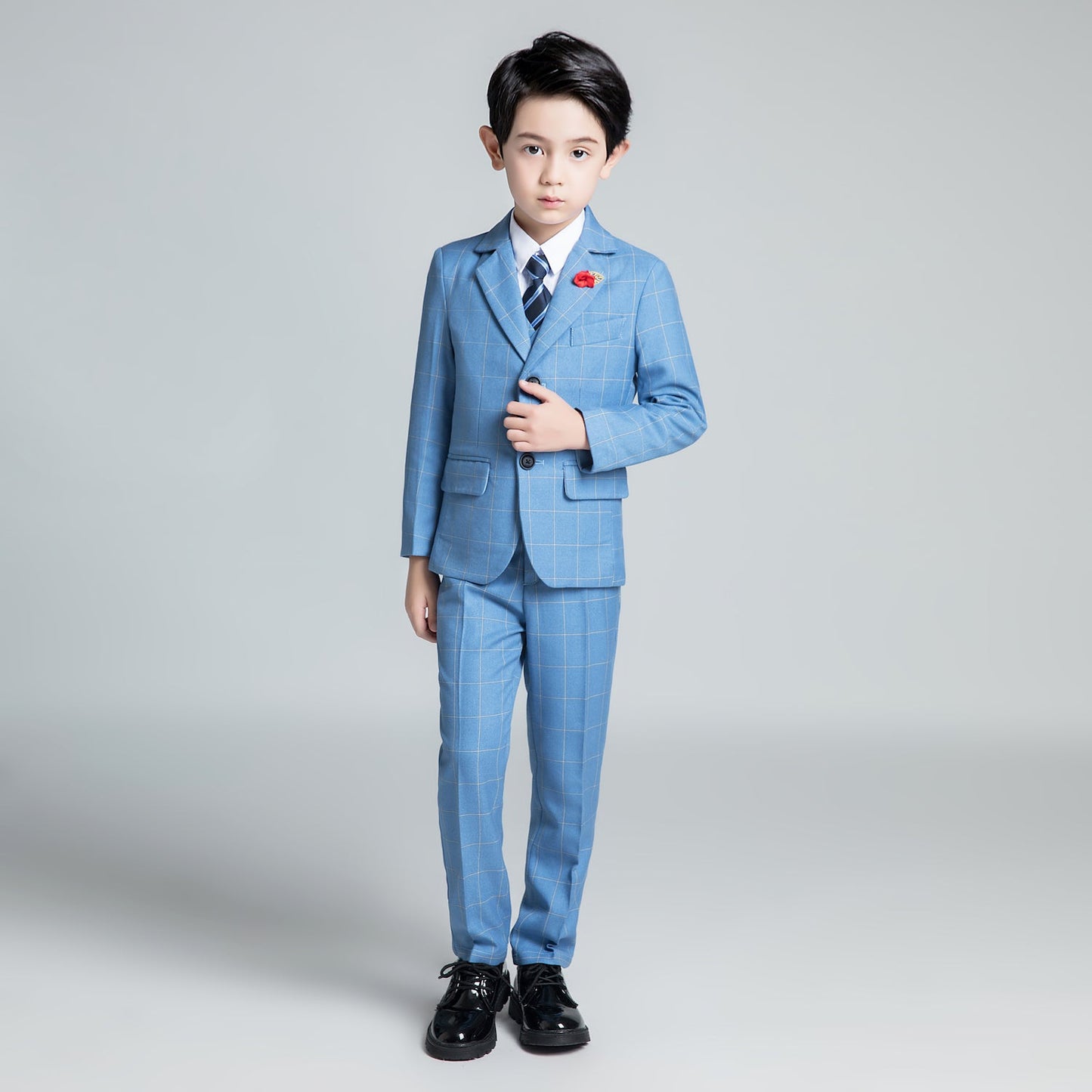 ly1242 Light Blue Plaid Formal 5 Piece Boys Suits