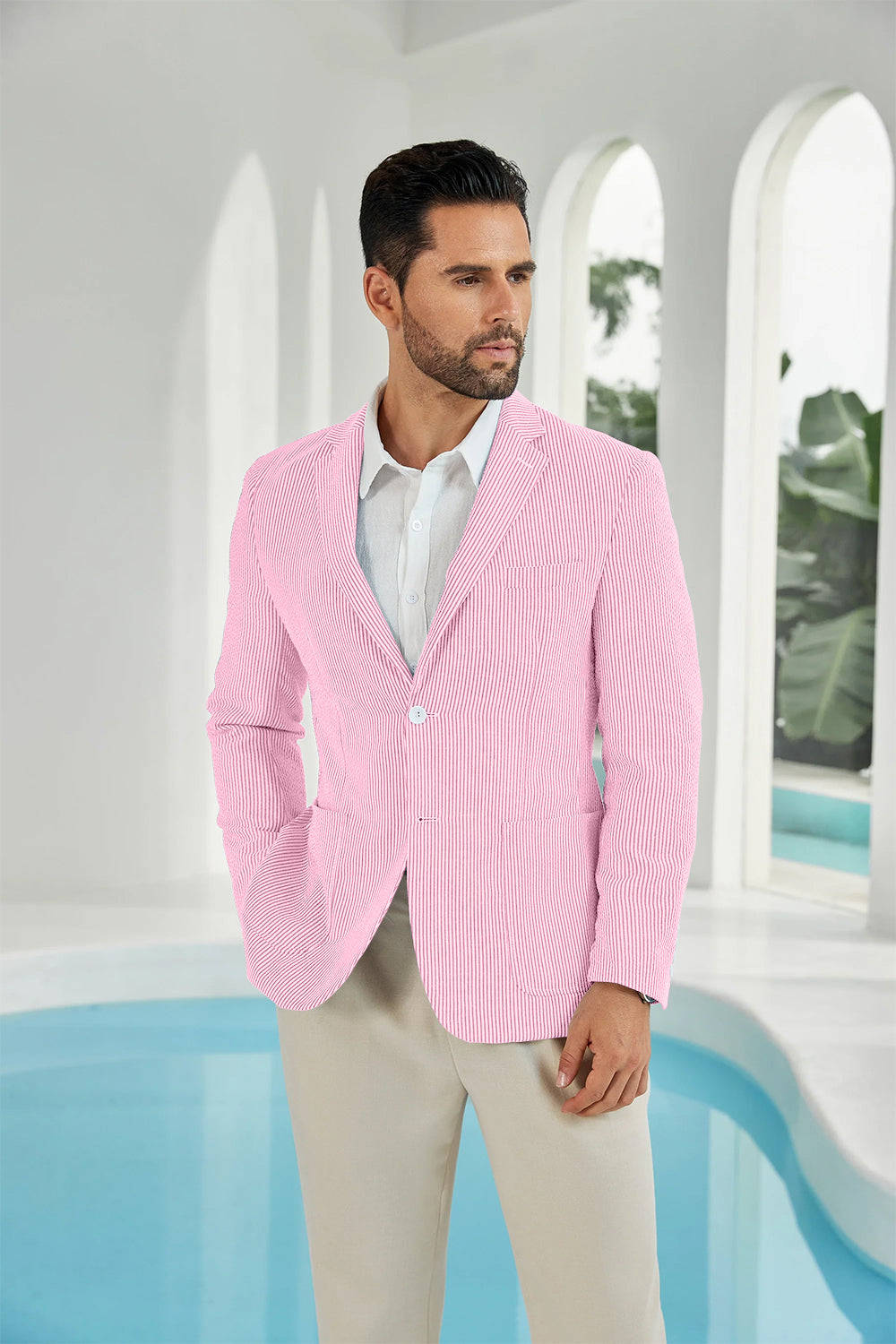 ly1111 Seersucker Striped Men's Summer Blazer