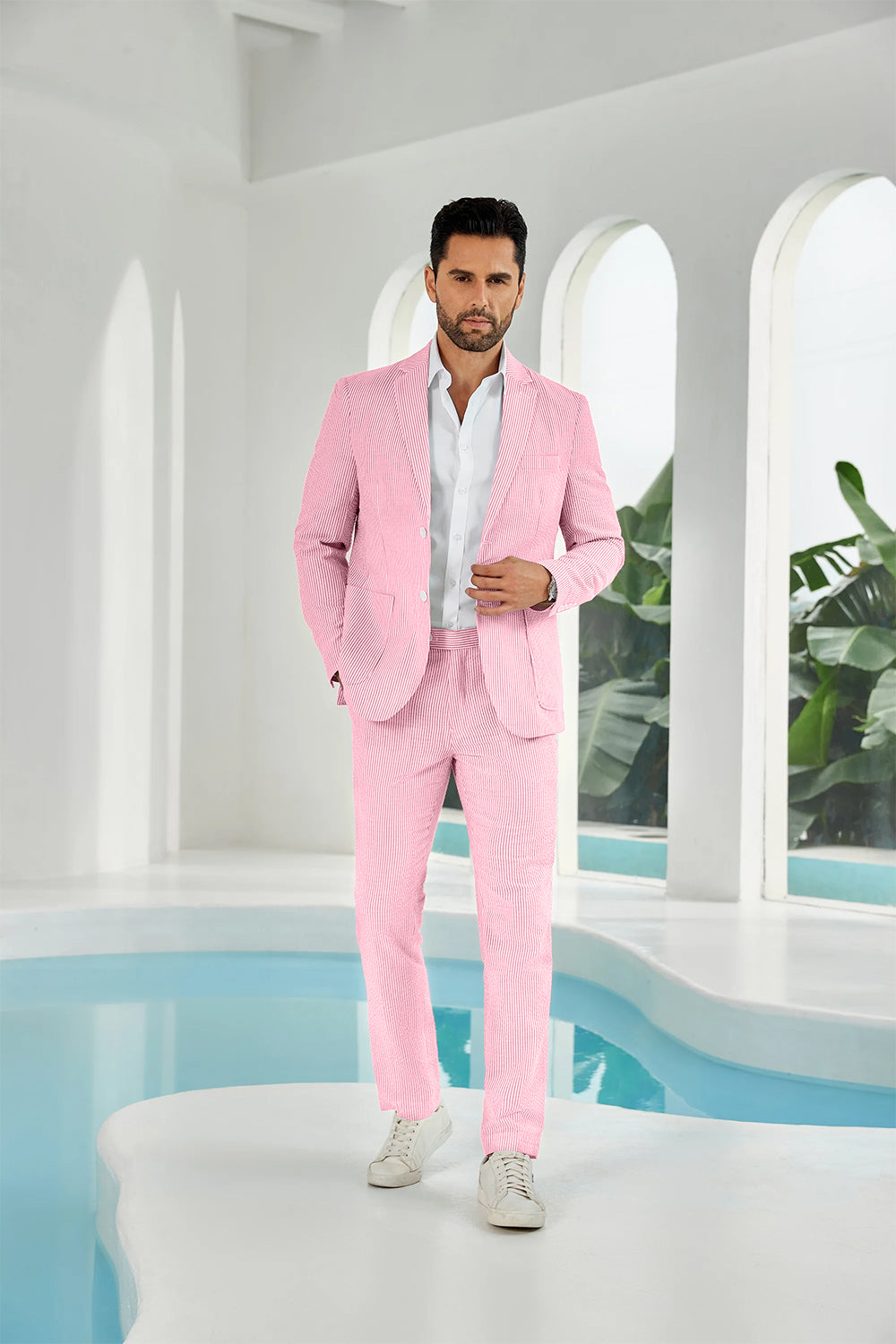 ly1114 Seersucker Striped Blazer Pants 2 Piece Men's Summer Suit