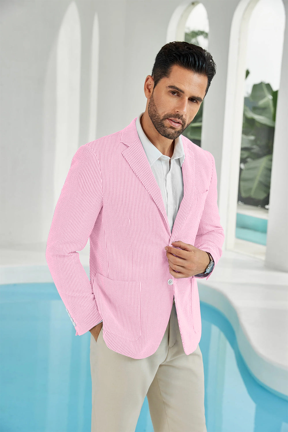 ly1111 Seersucker Striped Men's Summer Blazer