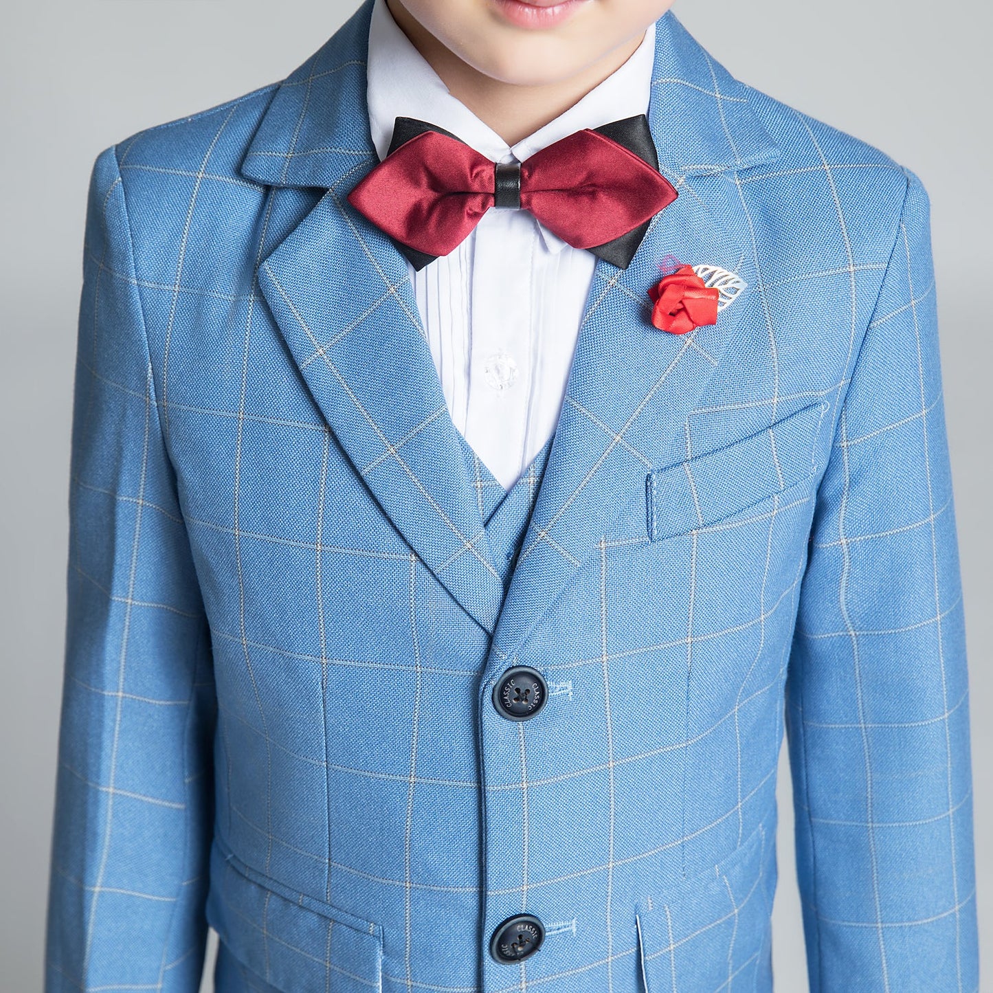 ly1242 Light Blue Plaid Formal 5 Piece Boys Suits