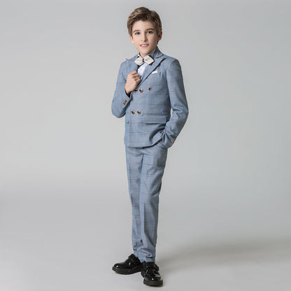 ly1210 Light Blue Plaid Elegant Formal 5 Piece Boys Suits