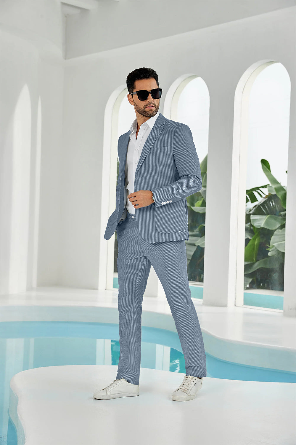 ly1114 Seersucker Striped Blazer Pants 2 Piece Men's Summer Suit