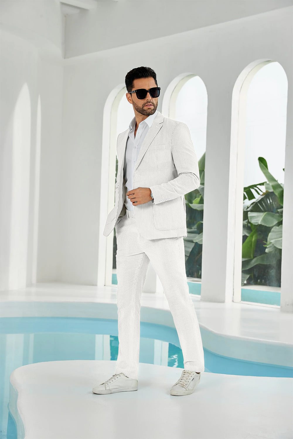 ly1114 Seersucker Striped Blazer Pants 2 Piece Men's Summer Suit