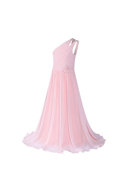 ly3555 Pink Elegant One-Shoulder Pleated Flower Girl Gown Dress